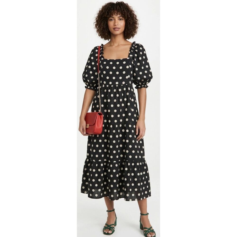 Faithful the brand womens small size 4 dress 100% linen polka dot maxi black